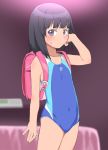  1girl backpack bag bangs bed black_hair blunt_bangs blurry bubukka collarbone competition_swimsuit covered_navel cowboy_shot depth_of_field flat_chest himenogi_rinze indoors looking_at_viewer love_r one-piece_swimsuit purple_eyes purple_swimsuit randoseru short_hair solo standing swimsuit 