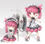  2girls character_request eyebrows_visible_through_hair facing_viewer kemurikusa kolshica looking_at_another maid maid_headdress multiple_girls parted_lips pink_eyes pink_hair portal_(series) seiza short_hair short_twintails sitting sleeping turret_(portal) twintails 