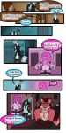 absurd_res anthro bassariscus black_text bottomwear breasts canid canine canis clothing collar comic cuff_(restraint) daisy_(tatsuchan18) dialogue english_text female fenrir_(tatsuchan18) fox group hi_res hybrid lagomorph leporid male male/female mammal maned_wolf metal_collar mink_(tatsuchan18) pants procyonid rabbit restraints ring-tailed_cat spade_(tatsuchan18) speech_bubble tail tatsuchan18 text trio underwear wolf