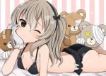  1girl absurdres ass bandages bangs bed black_bra black_panties black_ribbon blush boko_(girls_und_panzer) bow bow_bra bow_panties bra breasts brown_eyes chin_rest closed_mouth commentary eyepatch girls_und_panzer hair_ribbon head_tilt heart highres lace lace-trimmed_bra lace-trimmed_panties light_brown_hair long_hair looking_at_viewer lying on_bed on_stomach one_eye_closed one_side_up panties pink_background ribbon ruruepa shimada_arisu small_breasts smile solo striped striped_background stuffed_animal stuffed_toy teddy_bear underwear vertical-striped_background vertical_stripes 