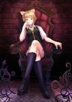  1girl animal_ears bad_id bad_pixiv_id bell bell_collar blonde_hair breasts brown_eyes cat_ears cat_girl closed_mouth collar crossed_legs highres kuraishi_tanpopo looking_at_viewer school_uniform shoes short_hair sitting skirt smile socks solo witch_craft_works yamagami_mozuku 