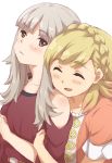  2girls alternate_costume blonde_hair braid closed_eyes closed_mouth crown_braid fire_emblem fire_emblem_heroes grey_hair kuhuku006f86 long_hair multiple_girls open_mouth red_eyes sharena short_sleeves simple_background upper_body veronica_(fire_emblem) white_background 