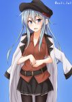  1girl alternate_costume anti_(untea9) belt black_legwear black_skirt blue_eyes blush breasts commentary_request cosplay gangut_(kantai_collection) gangut_(kantai_collection)_(cosplay) hair_between_eyes hat hibiki_(kantai_collection) highres jacket jacket_on_shoulders kantai_collection long_hair long_sleeves looking_at_viewer open_mouth pantyhose peaked_cap pleated_skirt red_shirt shirt short_sleeves silver_hair skirt small_breasts solo white_jacket 