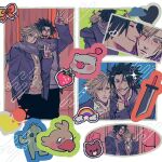  2boys arm_around_shoulder arm_up bear black_hair black_pants blonde_hair blue_eyes blue_jacket blush bow brown_cardigan brown_sweater buster_sword cardigan cellphone chocobo closed_eyes closed_mouth cloud cloud_strife commentary couple curtained_hair english_commentary final_fantasy final_fantasy_vii food fruit grey_hoodie grey_scarf grin hair_behind_ear head_on_another&#039;s_shoulder heart highres holding holding_phone hood hood_down hoodie ht8207 jacket kiss kissing_cheek lapels layered_sleeves long_sleeves looking_at_another male_focus moogle multiple_boys multiple_views notched_lapels open_mouth pants parted_bangs phone photo_(object) rainbow red_bow sabotender scarf selfie shared_clothes shared_scarf shirt side-by-side smartphone smile spiked_hair standing sticker strawberry sun sweater sword taking_picture teeth tongue upper_teeth_only v weapon white_shirt yaoi zack_fair 