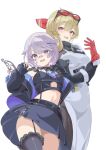 2girls asymmetrical_gloves bandaid bandaid_on_face bandaid_on_nose bandana belt black_gloves black_jacket black_skirt black_thighhighs black_tube_top blonde_hair breasts chest_harness chest_jewel contrapposto cowboy_shot double-parted_bangs dress eyewear_on_head fingerless_gloves frilled_thighhighs frills fur-trimmed_jacket fur_trim garter_straps glawsbsxpytn7j9 gloves hair_flaps hair_ornament hairpin hammer harness hashtag-only_commentary highres hololive hololive_english hololive_indonesia jacket kaela_kovalskia kaela_kovalskia_(1st_costume) koseki_bijou koseki_bijou_(casual) large_breasts long_dress long_sleeves looking_at_viewer metal_wings midriff miniskirt mismatched_gloves multiple_girls navel neck_warmer official_alternate_costume official_alternate_hair_length official_alternate_hairstyle open_clothes open_jacket purple_eyes purple_hair red-tinted_eyewear red_bandana red_eyes red_gloves short_hair side_slit simple_background single_thighhigh skirt smile strapless string_bowtie swept_bangs thighhighs tinted_eyewear tube_top two-sided_fabric two-sided_jacket virtual_youtuber white_background wind wind_lift 