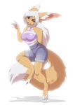  &lt;3 blue_eyes bottomwear canid canine clothed clothing denim denim_clothing denim_shorts dipstick_tail female fennec fluffy fluffy_tail fox fur hair heterochromia hi_res lawkie long_hair mammal midriff mink multicolored_tail mustelid musteline paws piercing pink_nose rose_dandy-ba shorts simple_background tan_fur wave white_background white_hair yellow_eyes 