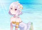  1girl armlet bare_shoulders breasts collarbone day eyebrows_visible_through_hair flower frilled_swimsuit frills hair_between_eyes hair_flower hair_ornament kokkoro_(princess_connect!) leaning_forward light_rays light_smile looking_at_viewer ocean one-piece_swimsuit outdoors pink_eyes princess_connect! princess_connect!_re:dive short_hair silver_hair small_breasts solo sunbeam sunlight swimsuit upper_body yuyu_(piko01) 