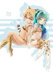  2girls animal_ears back-to-back blue_eyes blue_hair blush breasts brown_eyes closed_mouth eyebrows_visible_through_hair highres horns jaguar_(kemono_friends) jaguar_ears jaguar_tail kemono_friends kneehighs kolshica looking_at_viewer lum multiple_girls orange_hair parted_lips short_hair small_breasts smile tail thighhighs urusei_yatsura white_hair 