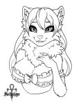  2019 5_fingers anthro biped breasts bust_portrait cleavage clothed clothing domestic_cat eyelashes felid feline felis female fluffy hair jackalope_(artist) long_hair looking_at_viewer mammal monochrome neck_tuft portrait signature simple_background smile solo tuft white_background 
