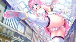  1girl ass blue_eyes breasts cameltoe elbow_gloves gloves high_kick highres kicking kneepits large_breasts leg_up magical_girl original panties pink_hair standing standing_on_one_leg striped striped_panties underwear v-mag 