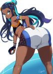  armlet ass bare_shoulders bent_over black_hair blue_eyes blue_hair breasts commentary_request earrings gloves hand_on_own_ass hoop_earrings jewelry kneepits looking_at_viewer looking_back multicolored_hair parted_lips poke_ball pokemon pokemon_(game) pokemon_swsh rurina_(pokemon) senria short_shorts shorts signature simple_background thick_thighs thighs white_background 