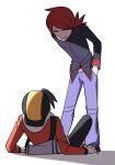  2boys backwards_hat baseball_cap black_shoes blue_hair chueog ethan_(pokemon) hands_in_pockets hat highres jacket long_hair looking_at_another looking_down looking_up lying male_focus multiple_boys on_back on_ground pants parted_lips pokemon pokemon_hgss purple_eyes purple_jacket purple_pants red_hair red_jacket shadow shoes silver_(pokemon) simple_background smirk standing v-shaped_eyebrows white_background white_bag 