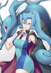  1girl a_meno0 black_cape blue_dress blue_eyes blue_gloves blue_hair breasts cape collarbone cowboy_shot dress gen_2_pokemon gloves hair_between_eyes hair_ornament high_ponytail ibuki_(pokemon) kingdra long_hair looking_at_viewer medium_breasts parted_lips pokemon pokemon_(game) pokemon_gsc red_eyes short_dress sleeveless sleeveless_dress smile solo standing very_long_hair white_background 