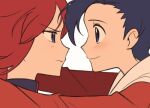  2boys blue_eyes blue_hair blush chueog closed_mouth ethan_(pokemon) highres jacket looking_at_another male_focus multiple_boys pokemon pokemon_hgss purple_eyes red_hair red_jacket silver_(pokemon) simple_background white_background yaoi 