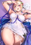  1girl armpits arms_up bangs bare_shoulders blonde_hair blue_eyes blue_ribbon blush breasts cleavage covered_navel dress europa_(granblue_fantasy) flower granblue_fantasy hair_between_eyes hair_flower hair_ornament kasappi large_breasts looking_at_viewer open_mouth ribbon sash short_hair smile solo thighs tiara white_dress 