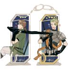  2boys achilles_(fate) anger_vein blue_ribbon brown_hair cape_grab clothes_grab fate/grand_order fate_(series) gauntlets green_hair green_tabard green_tunic hector_(fate) highres itokon300 looking_at_another male_focus multiple_boys open_mouth pants ribbon short_hair short_sleeves simple_background star_(symbol) tabard tunic white_background white_pants yellow_eyes 