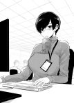  1girl badge bangs black_hair breasts desk drinking drinking_straw earrings english_commentary glasses greyscale highres id_card indoors jewelry keyboard_(computer) lanyard large_breasts monitor monochrome name_tag norman_maggot office office_lady olive_laurentia original pixie_cut short_hair sitting sweater tawawa_challenge turtleneck turtleneck_sweater 