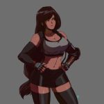  1girl 90s black_hair black_sleeves breasts brown_eyes cleavage commentary crop_top david_liu detached_sleeves english_commentary final_fantasy final_fantasy_vii final_fantasy_vii_remake fingerless_gloves gloves grey_background hands_on_hips highres large_breasts long_hair low-tied_long_hair midriff miniskirt navel pencil_skirt red_gloves single_elbow_pad skirt solo sports_bra suspender_skirt suspenders thick_thighs thighhighs thighs tifa_lockhart very_long_hair wide_hips zettai_ryouiki 