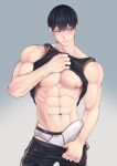  1boy abs arm_up bara bare_shoulders black_hair black_pants black_shirt blush bulge closed_mouth clothes_lift clothes_pull commentary_request contrapposto erection erection_under_clothes groin haikyuu!! hair_between_eyes highres kageyama_tobio looking_to_the_side male_focus male_underwear muscular muscular_male navel nipples onglai87 pants pants_pull pectorals shirt shirt_lift short_hair sideways_glance sleeveless solo standing sweat tank_top underwear white_male_underwear 