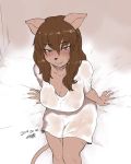  1girl animal_ears blush breasts brown_hair cat_ears cat_tail cleavage commentary_request covered_nipples dark_skin dress ecaflip eyebrows_visible_through_hair freckles furry hair_down long_hair looking_at_viewer miranda_(wakfu) no_bra on_bed red_eyes see-through sitting snout solo tail tsukudani_(coke-buta) wakfu wet wet_clothes white_dress 