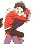  2boys baseball_cap black_hair black_pants blush carrying carrying_person chueog closed_eyes ethan_(pokemon) hand_in_another&#039;s_hair hat highres hood hood_down hooded_jacket hug jacket long_hair male_focus multiple_boys one_eye_closed open_mouth pants pokemon pokemon_hgss purple_eyes purple_jacket purple_pants red_hair red_jacket silver_(pokemon) simple_background sweatdrop unworn_headwear v-shaped_eyebrows white_background 