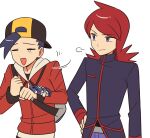  2boys backwards_hat baseball_cap blue_hair chueog closed_eyes closed_mouth ethan_(pokemon) fanny_pack grey_bag hat highres hood hooded_jacket jacket long_hair looking_at_another male_focus multiple_boys open_mouth pants pokemon pokemon_hgss purple_eyes purple_jacket purple_pants red_hair red_jacket silver_(pokemon) simple_background teardrop upper_body white_background 