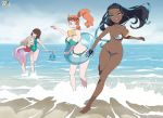  4girls absurdres bare_shoulders barefoot beach bikini bouncing_breasts breasts dark_skin day female_protagonist_(pokemon_swsh) full_body highres large_breasts long_hair looking_at_another medium_breasts multiple_girls navel open_mouth outdoors pokemon pokemon_(game) pokemon_swsh ponytail r3dfive running rurina_(pokemon) short_hair smile sonia_(pokemon) standing stomach swimsuit unnamed_girl_(pokemon_swsh) water 