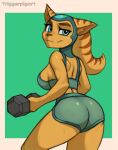 2025 angela_cross anthro blue_eyes bodily_fluids breasts brown_body brown_fur butt clothed clothing exercise female fur hi_res lombax looking_back mammal multicolored_body multicolored_fur orange_body orange_fur ratchet_and_clank simple_background smile solo sony_corporation sony_interactive_entertainment sweat triggerpigart two_tone_body two_tone_fur weightlifting workout workout_clothing