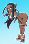  1girl aqua_background aqua_eyes aqua_hair armband armlet ass belly_chain bent_over black_hair blown_kiss blue_gloves blush breasts bun_cover butt_crack commentary dalehan dark_skin ear_piercing earrings english_commentary eyelashes eyeshadow full_body gloves hair_bun hoop_earrings jewelry long_hair looking_at_viewer makeup medium_breasts multicolored_hair outline piercing pokemon pokemon_(game) pokemon_swsh pulled_by_self rurina_(pokemon) sandals shorts shorts_pull sidelocks single_glove smile solo swimsuit tankini toes two-tone_hair undressing 