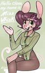  anthro clothed clothing female fully_clothed green_clothing green_eyes hair hi_res legwear leotard maisie_whisk mammal mouse murid murine rodent short_hair siden simple_background smile solo stockings text wick_(artist) 