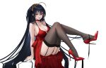  1girl absurdres ahoge artist_name azur_lane black_hair black_thighhighs breasts chinese_commentary cleavage commentary_request dress garter_straps high_heels highres large_breasts long_hair official_alternate_costume open_mouth red_dress red_eyes red_shoes shoes simple_background sleeveless sleeveless_dress solo taihou_(azur_lane) taihou_(forbidden_fruit)_(azur_lane) thighhighs very_long_hair white_background xnnagu 