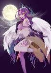  1girl angel_wings artist_request breasts bridal_gauntlets cloud commentary_request crop_top feathered_wings gloves gradient_eyes gradient_hair halo highres jibril_(no_game_no_life) large_breasts long_hair looking_at_viewer low_wings magic_circle midriff mismatched_legwear moon multicolored multicolored_eyes multicolored_hair navel night no_game_no_life open_mouth orange_eyes pink_hair sideboob smile solo tattoo very_long_hair white_wings wing_ears wings yellow_eyes 