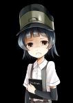  1girl arare_(kantai_collection) arm_warmers bangs black_background black_hair blunt_bangs brown_eyes clenched_teeth commentary_request death_note death_note_(object) hat kantai_collection kurona looking_at_viewer notebook shirt short_hair short_sleeves solo suspenders teeth upper_body white_shirt 