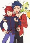  2boys age_difference aged_up baseball_cap behind_another black_pants black_shirt blue_eyes blue_hair carrying carrying_person celebi character_age chueog closed_eyes ethan_(pokemon) hat highres hood hood_down hooded_jacket jacket long_hair male_focus multiple_boys open_mouth pants pokemon pokemon_(creature) pokemon_hgss purple_jacket purple_pants red_hair red_jacket shirt silver_(pokemon) simple_background sweatdrop unworn_headwear white_background 