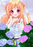  1girl :d animal_ear_fluff animal_ears bangs bare_shoulders blue_camisole blue_flower blue_skirt camisole cat_ears cat_girl cat_tail collarbone commentary_request eyebrows_visible_through_hair fang flower hair_between_eyes hand_up hydrangea long_hair misaki_(misaki86) off-shoulder_shirt off_shoulder open_mouth orange_hair original pink_flower pleated_skirt puffy_short_sleeves puffy_sleeves purple_eyes purple_flower rain shirt short_sleeves skirt smile solo tail tail_raised white_shirt 