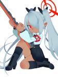  1girl absurdres armband blue_archive bolt_action chibi dark-skinned_female dark_skin full_body gun hair_over_one_eye hair_ribbon highres iori_(blue_archive) long_hair mauser_98 monster_l_(hochihochiha) one_eye_covered pointy_ears red_eyes ribbon rifle school_uniform shirt skirt solo twintails weapon white_hair white_shirt 