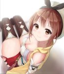  1girl atelier_(series) atelier_ryza belt blush breasts brown_eyes brown_hair brown_legwear cleavage closed_mouth eyebrows_visible_through_hair from_above hat highres looking_at_viewer medium_breasts mimikaki_(men_bow) red_shorts reisalin_stout short_hair short_shorts shorts sitting smile solo thighs white_headwear white_legwear 