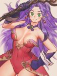  1girl angela_(seiken_densetsu_3) bare_shoulders breasts cleavage closed_mouth cowboy_shot earrings gloves green_eyes hair_intakes hand_on_hip highres holding holding_staff jewelry leotard long_hair looking_at_viewer medium_breasts midriff natto_soup pointy_ears purple_gloves purple_hair red_leotard seiken_densetsu seiken_densetsu_3 smile solo staff strapless strapless_leotard very_long_hair 