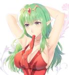  1girl arms_up awayuki_ramika breasts chiki choker cleavage fire_emblem fire_emblem:_kakusei green_eyes green_hair hair_down large_breasts long_hair mamkute pointy_ears solo tiara upper_body 