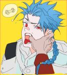  11114tai 2boys archer_(fate) blue_hair bone braid cu_chulainn_(fate) dark-skinned_male dark_skin fangs fate_(series) image_in_thought_bubble long_sleeves male_focus multiple_boys out_of_frame outstretched_arm red_eyes red_shirt setanta_(fate) shirt simple_background single_braid solo_focus speech_bubble teeth thought_bubble tongue tongue_out uneven_eyes upper_body yellow_background 