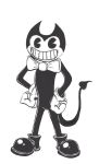  2019 anthro bendy_and_the_ink_machine bendy_the_dancing_demon black_and_white black_body boots bow_tie clothing demon fleischer_style_toon footwear front_view gloves handwear hi_res humanoid krolik male monochrome not_furry pose signature smile solo solo_focus spade spade_tail standing teeth toony traditional_media_(artwork) video_games 