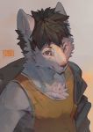  2019 ambiguous_species anthro black_clothing black_hair black_nose chest_tuft clothing dated fur fur_tuft grey_fur hair kunaru male mammal signature simple_background sleeveless_shirt solo tuft 