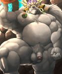  2019 anthro armpit_hair balls belly blue_eyes blush crushfang_(sdorica_sunset) dendoro flaccid fur hi_res humanoid_hands humanoid_penis male mammal moobs nipples overweight overweight_male penis polar_bear scar sdorica_sunset solo ursid ursine white_fur 