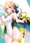  1girl ahoge artoria_pendragon_(all) artoria_pendragon_(swimsuit_archer) blonde_hair bow bowtie braid breasts cape casual_one-piece_swimsuit commentary_request cowboy_shot crown crown_braid excalibur fate/grand_order fate/stay_night fate_(series) french_braid fur-trimmed_cape fur_trim green_cape green_eyes highres long_hair looking_at_viewer medium_breasts ninoude_(ninoude44) one-piece_swimsuit saber solo standing swimsuit sword weapon white_swimsuit 
