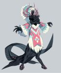  1girl black_skin blue_hair breasts colored_skin commentary_request eda extra_arms extra_pupils full_body gills grey_background long_hair medium_breasts monster_girl original pink_eyes simple_background solo standing taur topless very_long_hair white_hair 