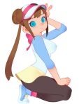  1girl absurdres black_pantyhose blue_eyes blush breasts brown_hair covered_nipples double_bun from_side hair_bun highres long_hair looking_at_viewer medium_breasts monster_l_(hochihochiha) pantyhose pokemon pokemon_bw2 raglan_sleeves rosa_(pokemon) seiza simple_background sitting skirt smile solo twintails v visor_cap white_background white_skirt 