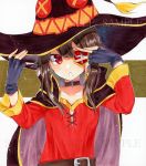  1girl alto2019 black_gloves black_headwear brown_hair collar collarbone eyepatch fingerless_gloves gloves hat kono_subarashii_sekai_ni_shukufuku_wo! long_hair long_sleeves looking_at_viewer marker_(medium) megumin open_mouth red_eyes red_shirt sample shiny shiny_hair shirt solo traditional_media upper_body witch_hat 