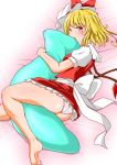  1girl ass barefoot bed_sheet blonde_hair blush breasts eyebrows_visible_through_hair feet flandre_scarlet hat hidden_mouth highres looking_at_viewer looking_to_the_side lying on_side panties pillow pillow_hug red_eyes ribbon shiny shiny_hair shiny_skin shiraue_yuu short_hair skirt small_breasts solo touhou underwear upskirt white_panties wings 