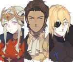  1girl 2boys armor black_armor blonde_hair blue_eyes brown_hair claude_von_regan_(fire_emblem) closed_mouth crown dark_skin dark_skinned_male dimitri_alexandre_bladud_(fire_emblem) double_bun earrings edelgard_von_hresvelgr_(fire_emblem) eyepatch fire_emblem fire_emblem:_fuukasetsugetsu gen&#039;ya_(nharanor) green_eyes hair_ornament headpiece jewelry multiple_boys older short_hair simple_background upper_body white_background 