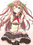  .live 1girl :p ;p belt blue_eyes blush breasts brown_hair collarbone commentary_request double_v hair_between_eyes hair_ribbon highres kakyouin_chieri kogetsu_azami large_breasts looking_at_viewer one_eye_closed ribbon simple_background solo thighhighs tongue tongue_out twintails two_side_up v virtual_youtuber 